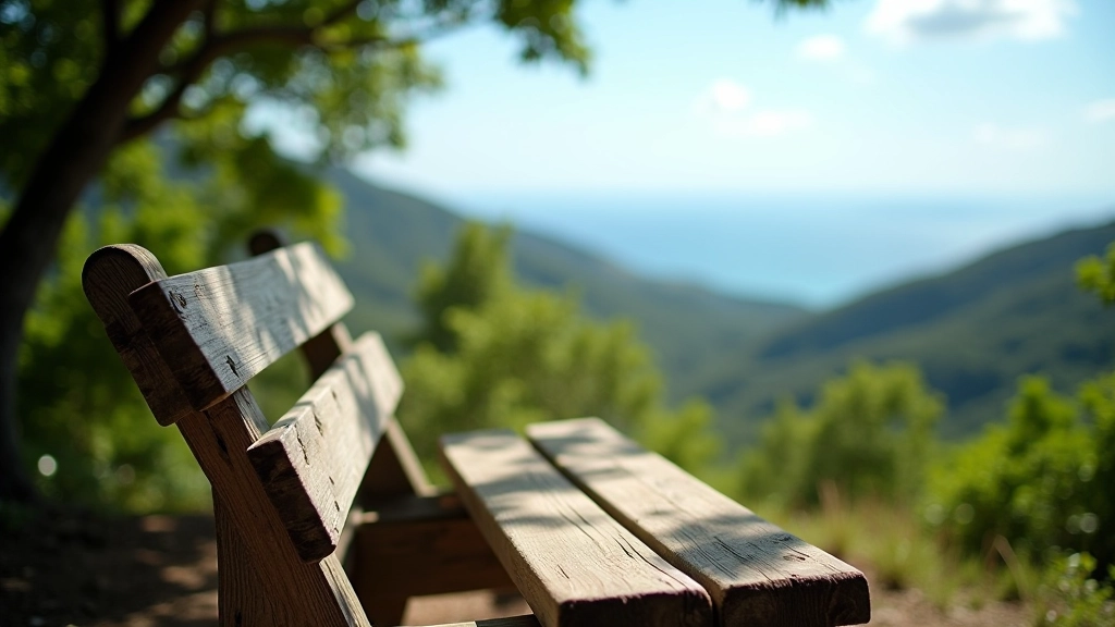 Detalle de una banca de madera bien mantenida con respaldo, ubicada bajo la sombra de árboles naturales, con vistas despejadas al fondo