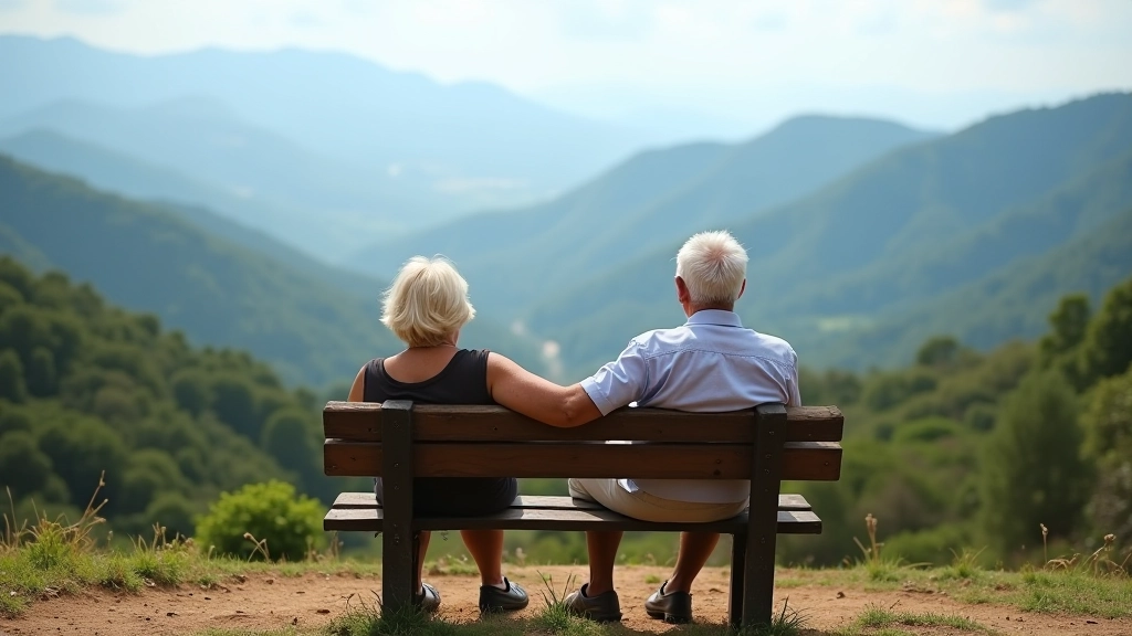 Personas adultas descansando en una banca de madera en un mirador con vista de montañas verdes al fondo