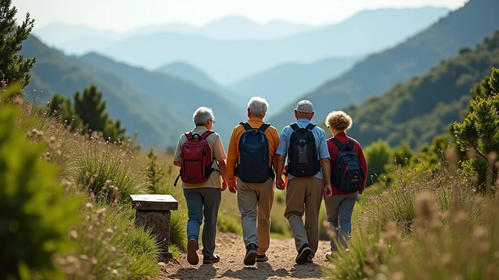 Grupo de adultos mayores caminando en la naturaleza