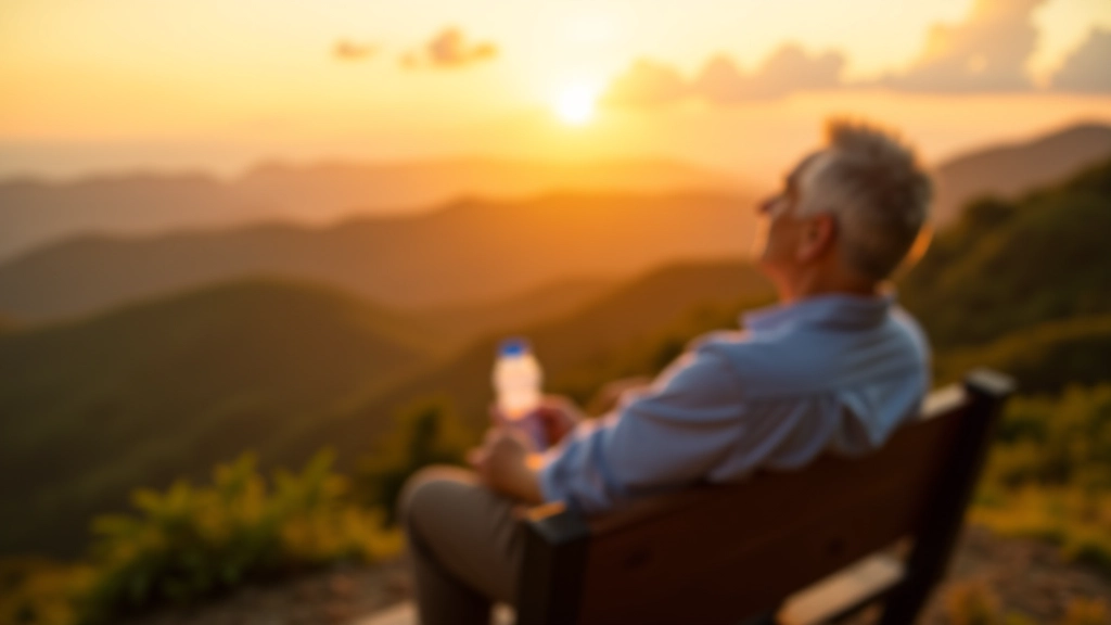 Visitante mayor descansando en una banca panorámica al atardecer con una botella de agua, disfrutando tranquilamente de la vista