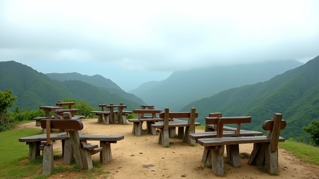 Varias bancas de madera distribuidas estratégicamente en un mirador con vista panorámica de montañas verdes