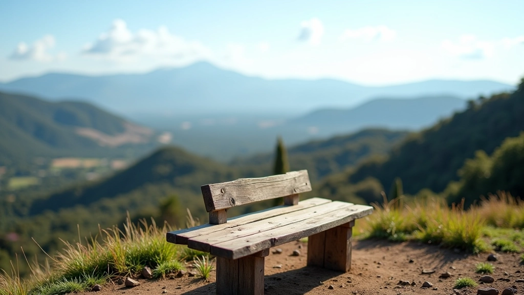 Banca de madera sólida en un mirador con vistas amplias al valle y cielo despejado